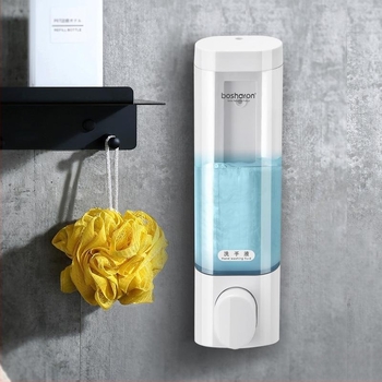 Пластмасов стенен дозатор с помпа за душ гел и сапун за ръце - без пробиване, ръчно натискане