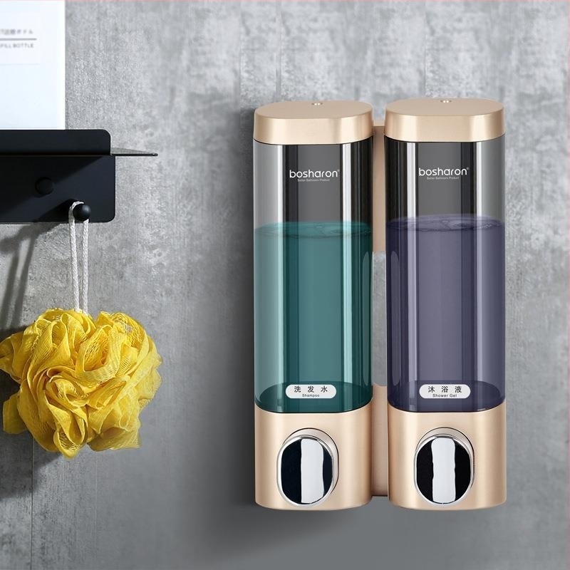 Стенно монтиран диспенсър за душ гел и течен сапун – пластмасов корпус, без пробиване, ръчно натискане