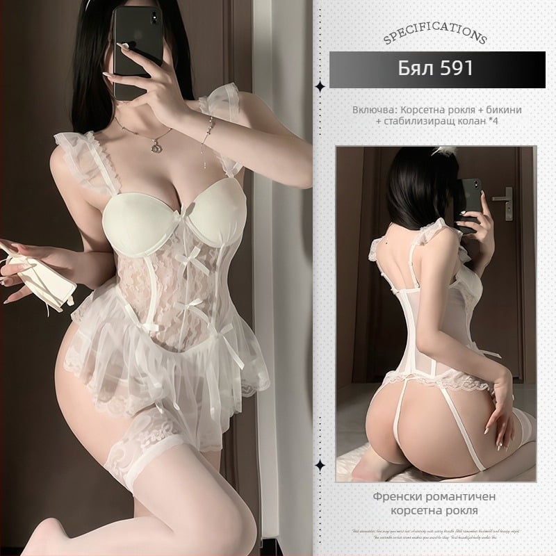 Xianyi Прозрачно дантелено боди с подплънки за бюст и стоманено костено жилето — 90–95% полиестер, бельо за игра на роли за жени