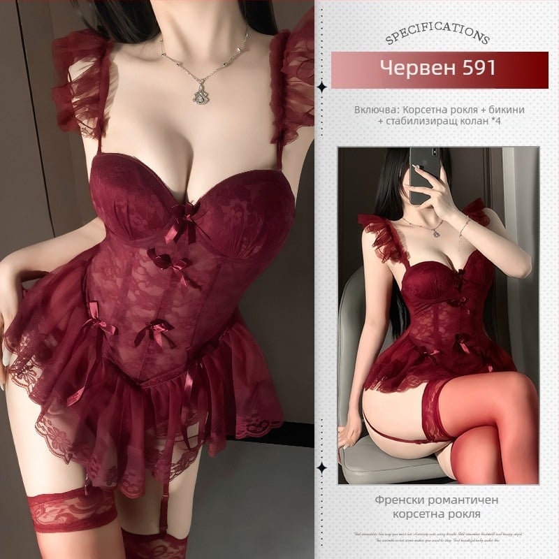 Xianyi Прозрачно дантелено боди с подплънки за бюст и стоманено костено жилето — 90–95% полиестер, бельо за игра на роли за жени