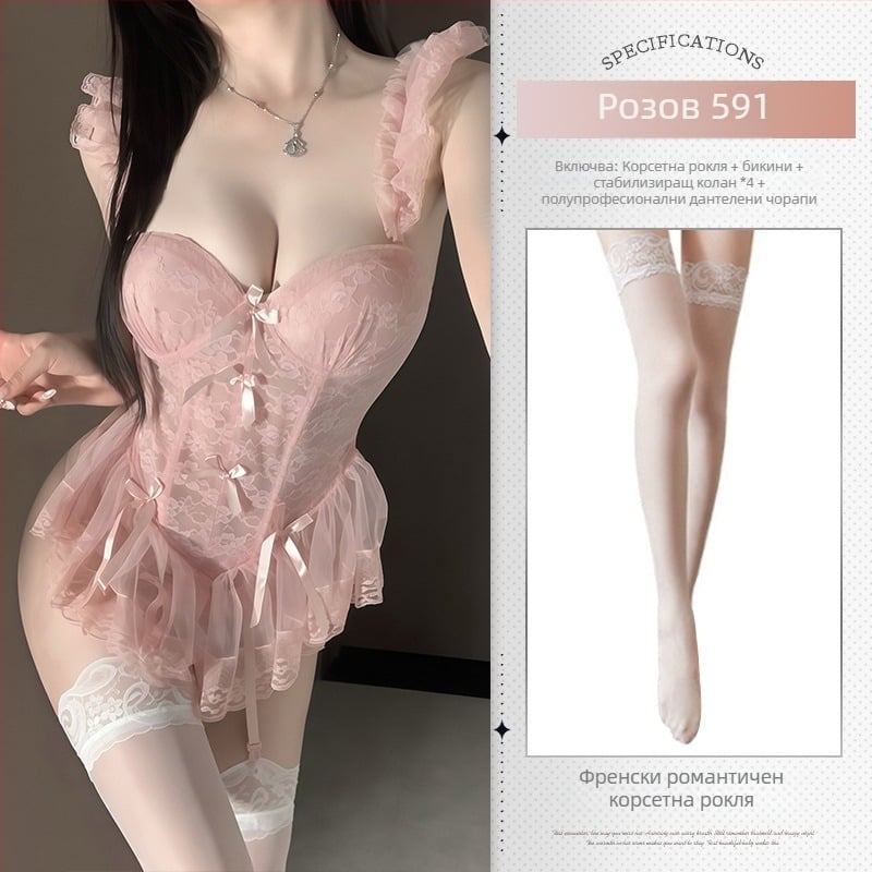 Xianyi Прозрачно дантелено боди с подплънки за бюст и стоманено костено жилето — 90–95% полиестер, бельо за игра на роли за жени