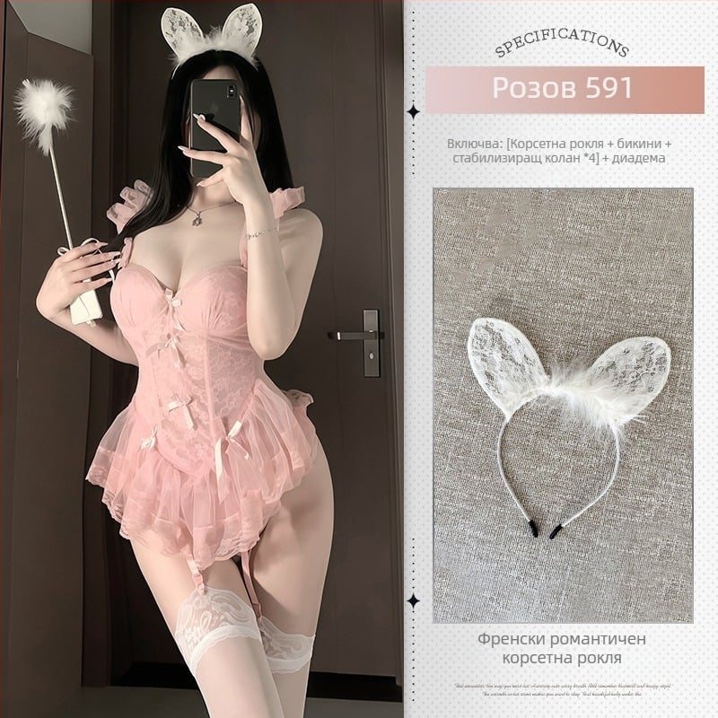 Xianyi Прозрачно дантелено боди с подплънки за бюст и стоманено костено жилето — 90–95% полиестер, бельо за игра на роли за жени