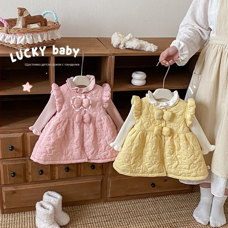 Корейски стил безръкавна рокля принцеса, полиестер, едноцветна, зима, за деца 3–8 години