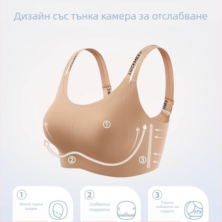 Бра за малки гърди с мека опора – безшевен дизайн, Nylon основен плат, Spandex подплата, фиксирани двойни презрамки, задно закопчаване с четири реда, чашки с ушички