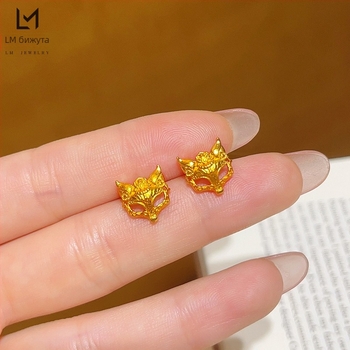 Обеци с маска на лисица, кух дизайн, пасторален стил, медна игла, лято 2025 (Категория: обеци; Материал на игла: мед; Стил: пасторален; Година/Сезон: лято 2025)