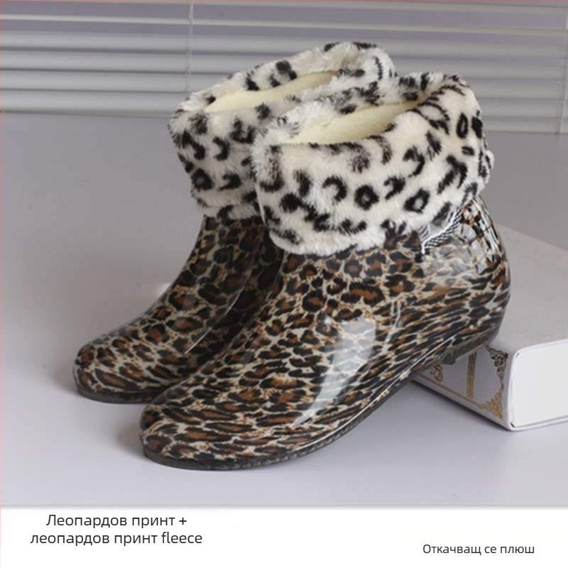 Дамски ботуши за дъжд, PVC горна част, водоустойчиви, подплатени с флийс, нехлъзгаща се подметка, нисък височинен профил