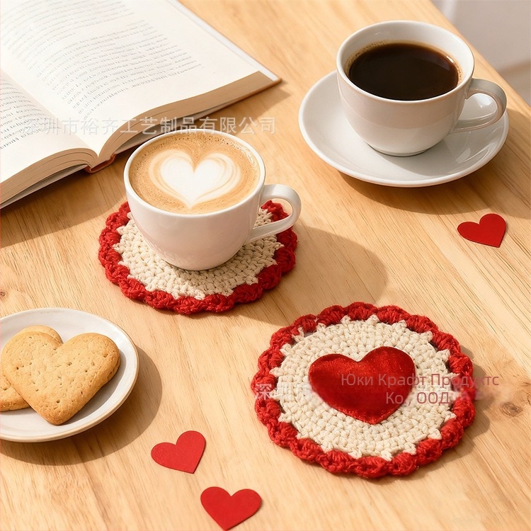 Подложка за чаши, сърцевидна форма, ръчно плетена платнена подложка, украса за помещения