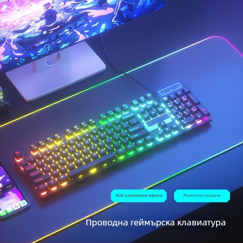 Комплект клавиатура и мишка, жичен, безшумен, механично усещане, USB