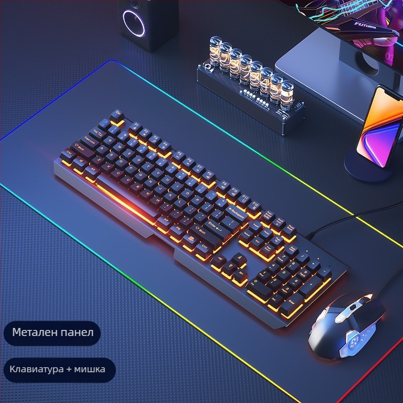 Комплект клавиатура и мишка, жичен, безшумен, механично усещане, USB