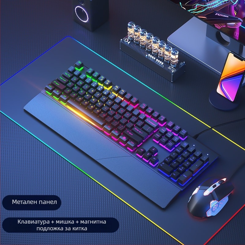 Комплект клавиатура и мишка, жичен, безшумен, механично усещане, USB