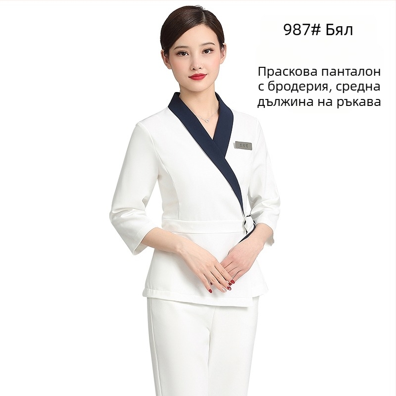 Униформа за козметичен салон за козметици, унисекс, средни ръкави, Chenille плат, 50–70% еластан, панталони 5/4, яка от изкуствена козина