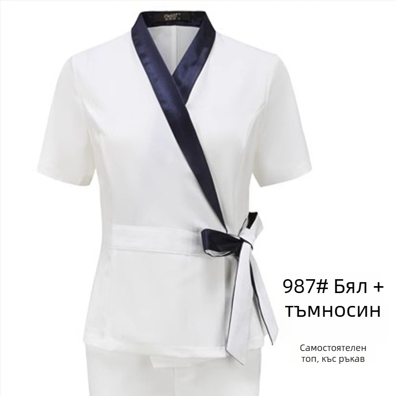 Униформа за козметичен салон за козметици, унисекс, средни ръкави, Chenille плат, 50–70% еластан, панталони 5/4, яка от изкуствена козина