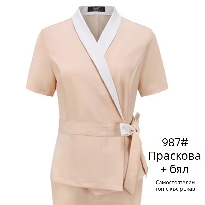 Униформа за козметичен салон за козметици, унисекс, средни ръкави, Chenille плат, 50–70% еластан, панталони 5/4, яка от изкуствена козина