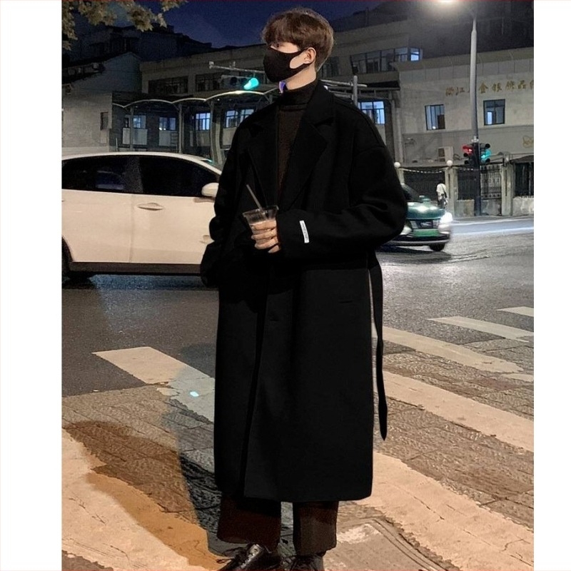 Палто за мъже в корейски стил, средна дължина, лафелна яка, вълнена тъкан, утеплено топло