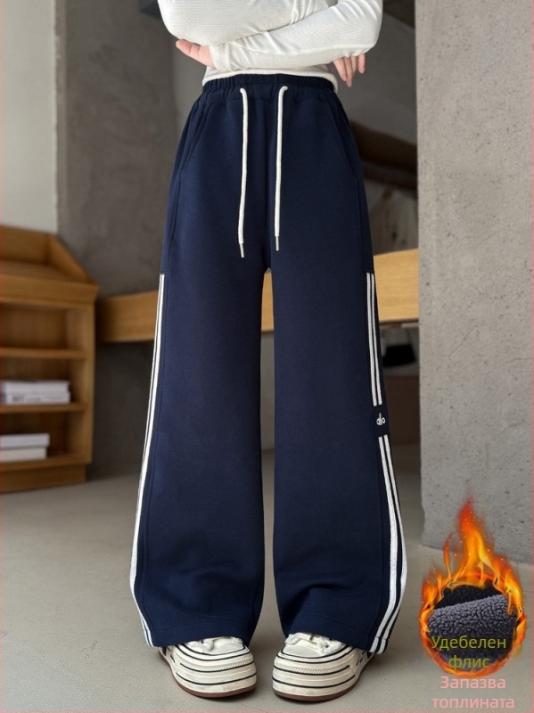 Момичешки ежедневни панталони с поларена подплата и шнур за връзване, зимни, висока талия, ластична лента на талията, 60% памук, райета или едноцветни, за деца над 8 години