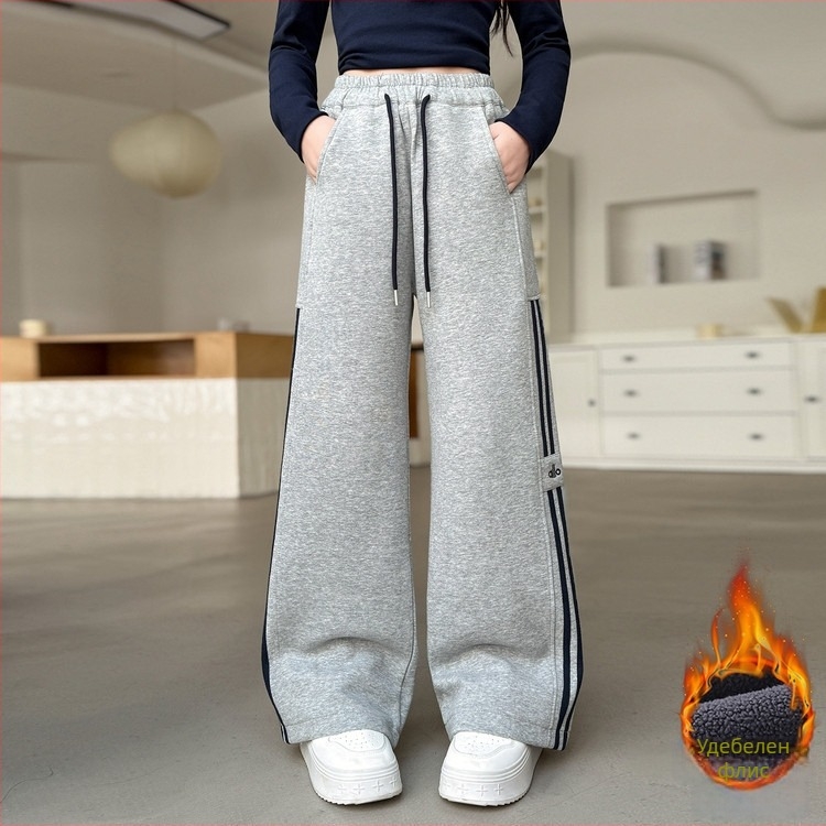 Момичешки ежедневни панталони с поларена подплата и шнур за връзване, зимни, висока талия, ластична лента на талията, 60% памук, райета или едноцветни, за деца над 8 години