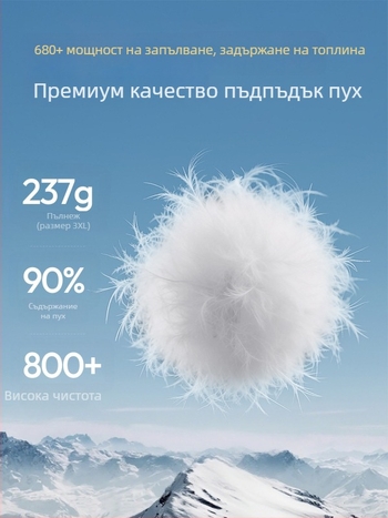 Мъжко пухено зимно яке, дебело, с качулка и цип; пълнеж: бял гъши пух 86–90%; основна материя и подплата: полиестер; дължина 50–65 см; стил базов, градски