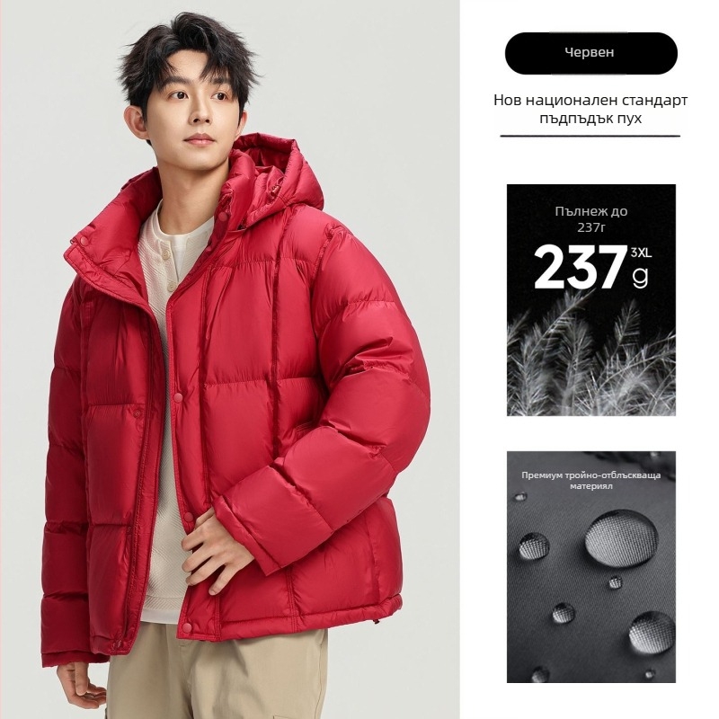 Мъжко пухено зимно яке, дебело, с качулка и цип; пълнеж: бял гъши пух 86–90%; основна материя и подплата: полиестер; дължина 50–65 см; стил базов, градски