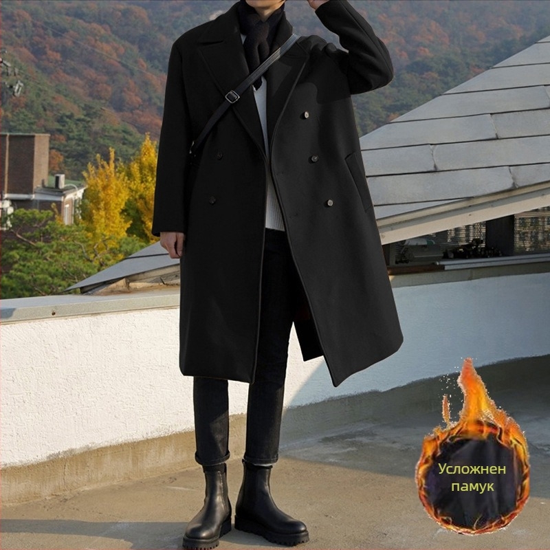 Палто в корейски стил, свободен силует, средна дължина, двойно закопчаване, полиестерна материя