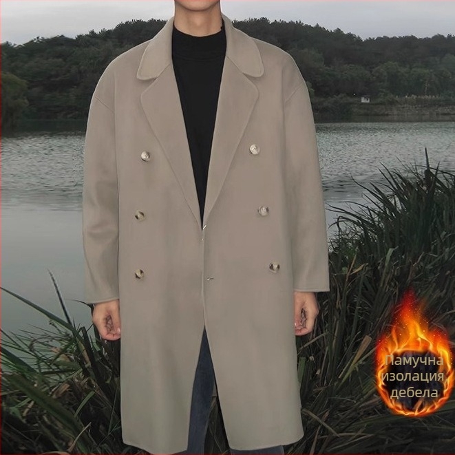 Мъжко палто от вълнен плат с кубинския якa, двойно закопчаване, дебело, средна дължина