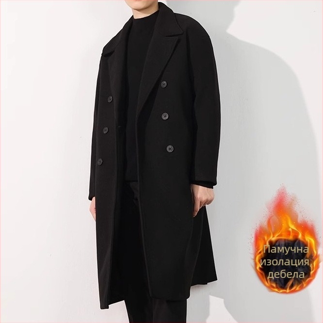 Мъжко палто от вълнен плат с кубинския якa, двойно закопчаване, дебело, средна дължина