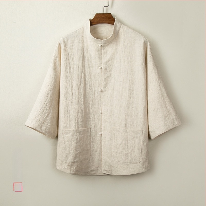 Риза, памук, свободна кройка, 3/4 ръкав, стояща яка, влагоотвеждаща памучна материя