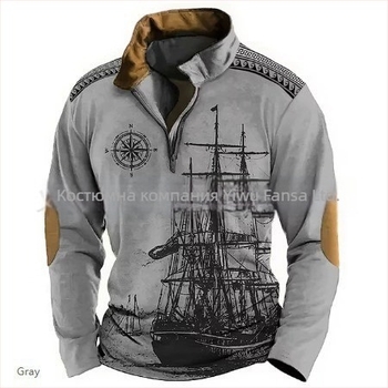 Мъжка поло риза с 3D дигитален печат, модел Епоха на морските приключения, плат бамбук-лен, стойкова яка, полузатварящ цип, свободна кройка