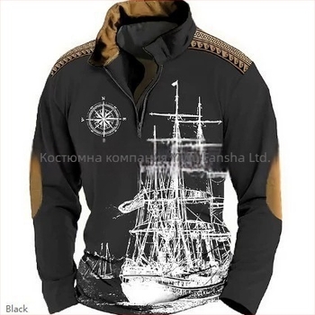 Мъжка поло риза с 3D дигитален печат, модел Епоха на морските приключения, плат бамбук-лен, стойкова яка, полузатварящ цип, свободна кройка