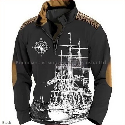 Мъжка поло риза с 3D дигитален печат, модел Епоха на морските приключения, плат бамбук-лен, стойкова яка, полузатварящ цип, свободна кройка