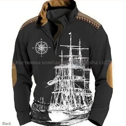 Мъжка поло риза с 3D дигитален печат, модел Епоха на морските приключения, плат бамбук-лен, стойкова яка, полузатварящ цип, свободна кройка