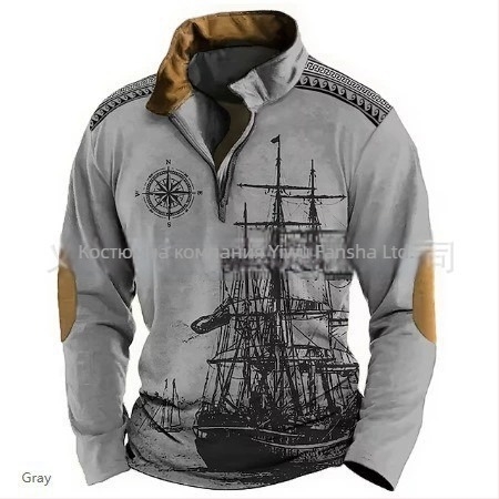 Мъжка поло риза с 3D дигитален печат, модел Епоха на морските приключения, плат бамбук-лен, стойкова яка, полузатварящ цип, свободна кройка