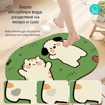 Овална подложка за баня с мотив карикатурни животни, абсорбираща и антихлъзгаща, измиваща се, материал: натурална гума + техническа тъкан