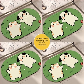 Овална подложка за баня с мотив карикатурни животни, абсорбираща и антихлъзгаща, измиваща се, материал: натурална гума + техническа тъкан