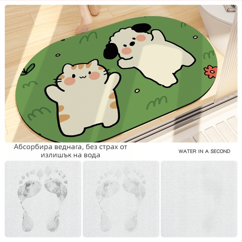 Овална подложка за баня с мотив карикатурни животни, абсорбираща и антихлъзгаща, измиваща се, материал: натурална гума + техническа тъкан