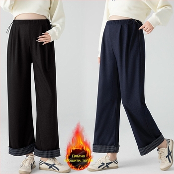 Панталони за бременни, подплатени с флис за топлина, тъкана имитация деним, широки свободни крака, дълги панталони