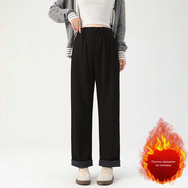 Панталони за бременни, подплатени с флис за топлина, тъкана имитация деним, широки свободни крака, дълги панталони