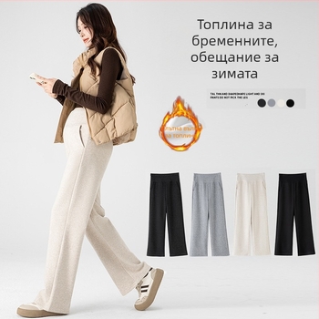 Панталони за бременни, дебели и топли с флисово подплата, свободен силует, широки крачоли, полиестер-памук със спандекс, джобове, есен 2025