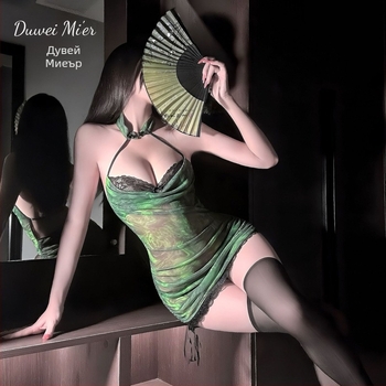 Комплект дамско бельо за игра на роли, вдъхновен от чонгсам, прозрачен мрежест плат, халтер, прилегнал силует на ханша, полиестер