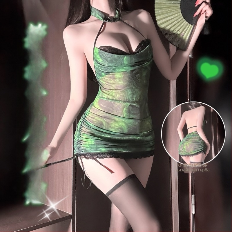 Комплект дамско бельо за игра на роли, вдъхновен от чонгсам, прозрачен мрежест плат, халтер, прилегнал силует на ханша, полиестер