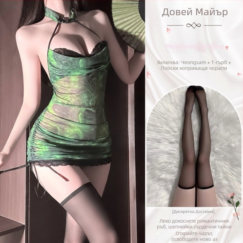 Комплект дамско бельо за игра на роли, вдъхновен от чонгсам, прозрачен мрежест плат, халтер, прилегнал силует на ханша, полиестер