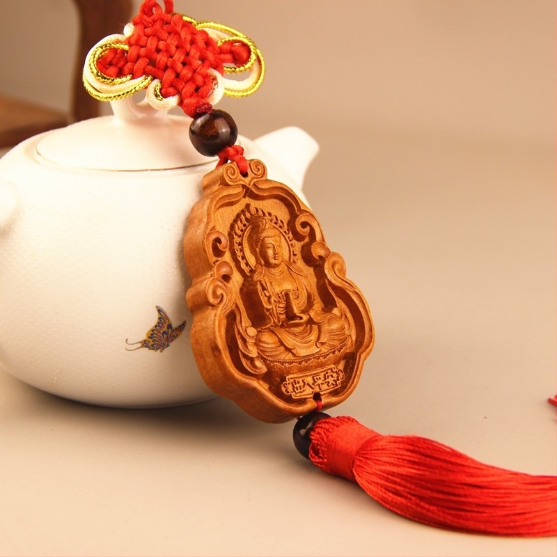 Дървена автомобилна висулка от персиково дърво със Pixiu, Guan Gong и Guanyin — традиционен китайски стил, интериорен декор за кола