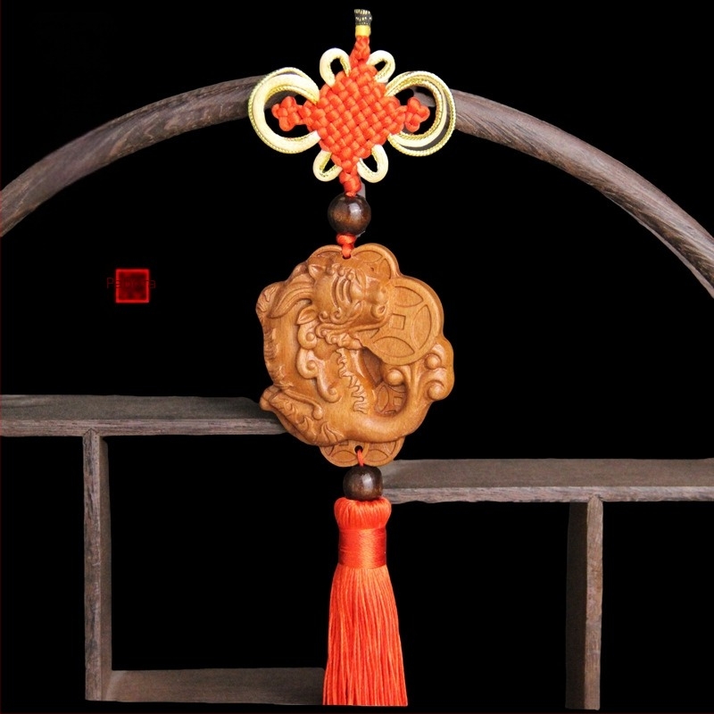 Дървена автомобилна висулка от персиково дърво със Pixiu, Guan Gong и Guanyin — традиционен китайски стил, интериорен декор за кола