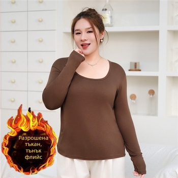 Плюс размер модалов дълъг ръкав T‑шърт с мъхеста обработка на тъканта, 2% спандекс, квадратно деколте, вътрешна подплата от флис, японско-корейски ежедневен стил