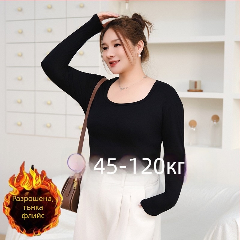 Плюс размер модалов дълъг ръкав T‑шърт с мъхеста обработка на тъканта, 2% спандекс, квадратно деколте, вътрешна подплата от флис, японско-корейски ежедневен стил