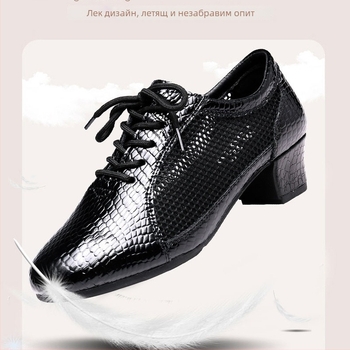 Дамски танцови обувки – латински танци, дишащи, среден ток, горна част от синтетична кожа, подметка PU