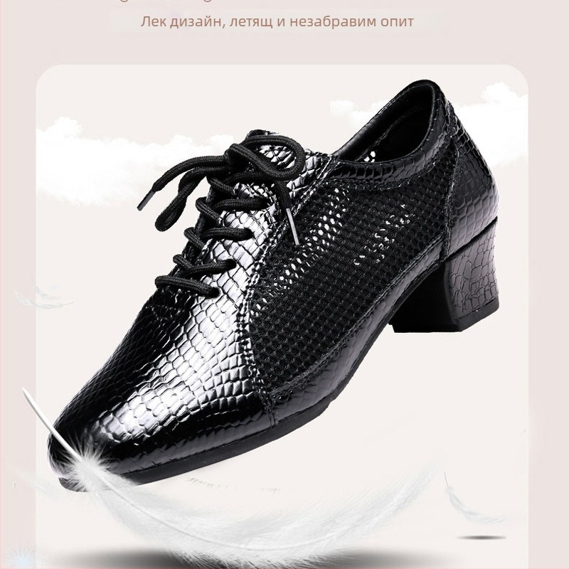 Дамски танцови обувки – латински танци, дишащи, среден ток, горна част от синтетична кожа, подметка PU