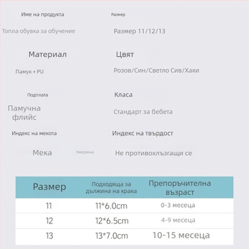 Бебешки обувки за проходене 1–3 г., велкро закопчаване, мека PU подметка, плюшена топла подплата, зимни антихлъзгави подметки