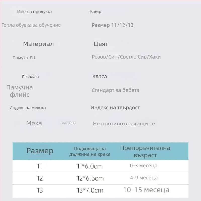 Бебешки обувки за проходене 1–3 г., велкро закопчаване, мека PU подметка, плюшена топла подплата, зимни антихлъзгави подметки