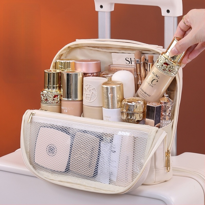 Ai yijiu Магнитна триизмерна стояща козметична чанта за пътуване, PU материал, дизайн с букви, подплата полиестер, водоустойчива