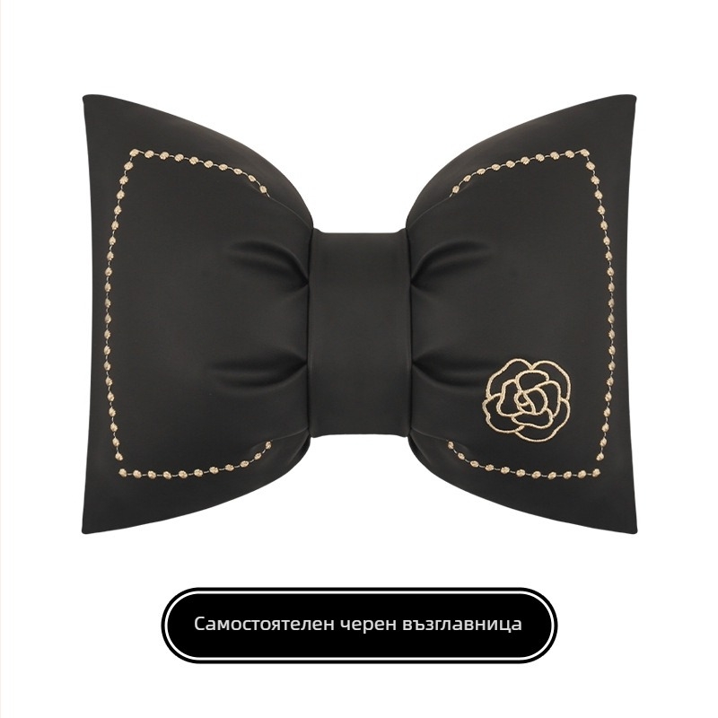 Комплект възглавници за глава и талия за автомобил с изкуствена кожа и бродирана панделка, пълнеж синтетични влакна, универсална съвместимост, подходящ за всички сезони